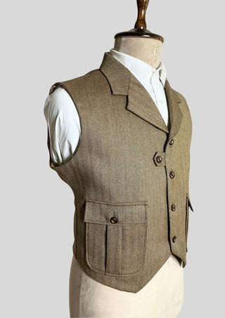 Men’s Brown Herringbone Tweed Waistcoat with Lapel Collar Vintage Classic Formal Vest