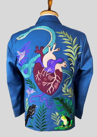 Men’s Blue Embroidered Country Western Blazer – Handcrafted Nature & Wildlife Art Statement Jacket