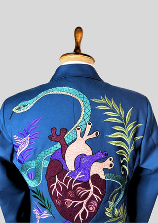 Men’s Blue Embroidered Country Western Blazer – Handcrafted Nature & Wildlife Art Statement Jacket