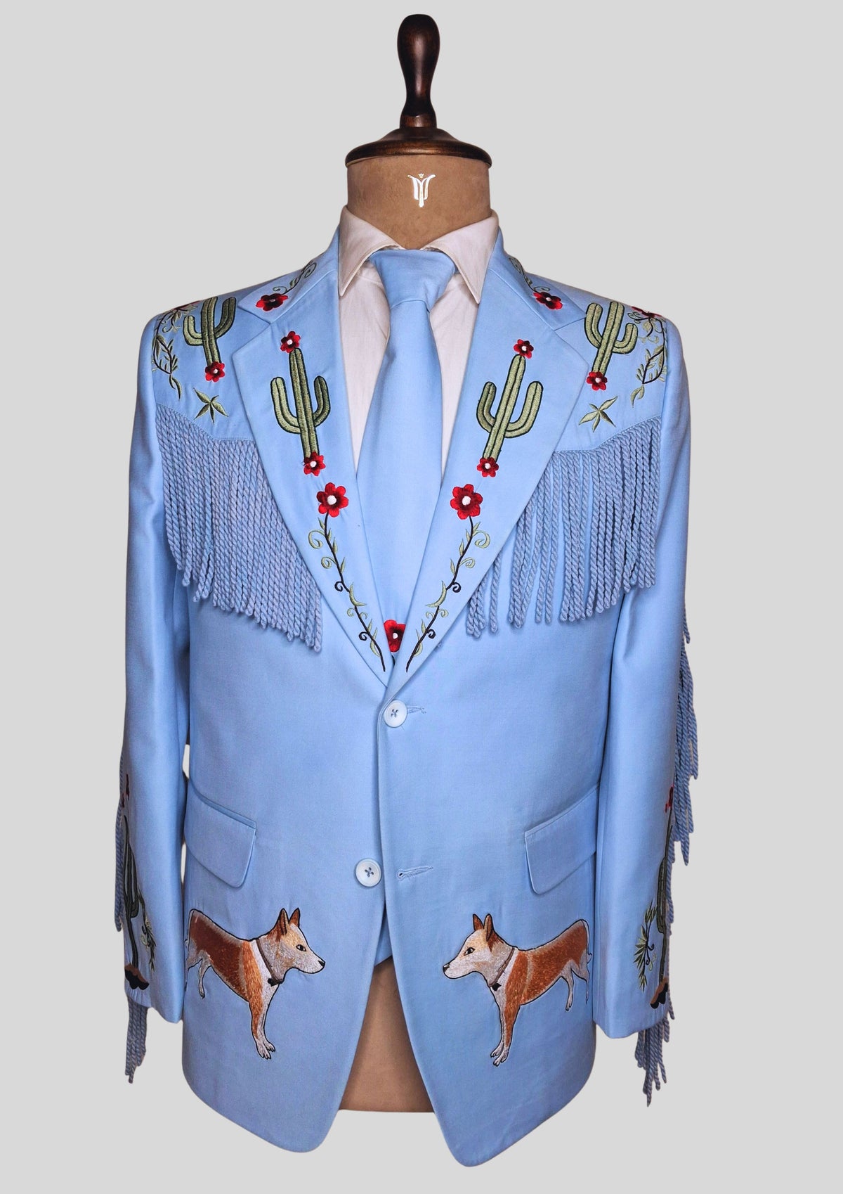 Men’s Powder Blue Country Western Suit – 2 Piece Cowboy Wedding Outfit with Cactus Embroidery & Fringe Detail