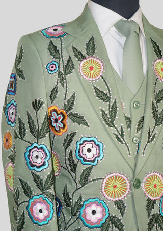 Palm Green Floral Embroidered 3 Piece Men’s Suit Country Western Style with Matching Waistcoat & Tie Western Groom Attire