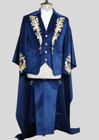 Men Blue Velvet Rococo Suit – Gold Embroidered Cape Theatrical Costumes Groom Suit
