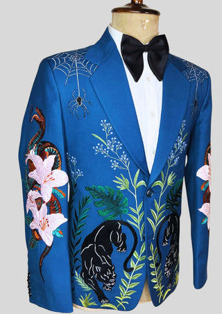 Men’s Blue Embroidered Country Western Blazer – Handcrafted Nature & Wildlife Art Statement Jacket