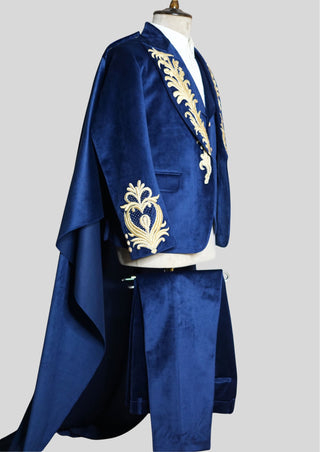 Men Blue Velvet Rococo Suit – Gold Embroidered Cape Theatrical Costumes Groom Suit