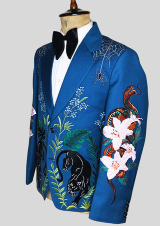 Men’s Blue Embroidered Country Western Blazer – Handcrafted Nature & Wildlife Art Statement Jacket