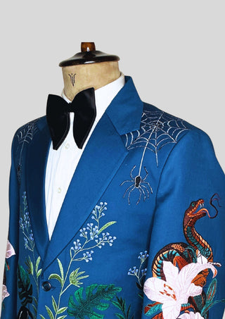 Men’s Blue Embroidered Country Western Blazer – Handcrafted Nature & Wildlife Art Statement Jacket