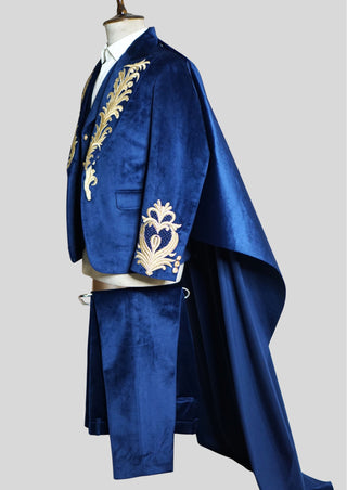 Men Blue Velvet Rococo Suit – Gold Embroidered Cape Theatrical Costumes Groom Suit