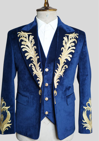 Men Blue Velvet Rococo Suit – Gold Embroidered Cape Theatrical Costumes Groom Suit