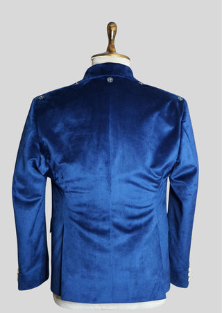 Men Blue Velvet Rococo Suit – Gold Embroidered Cape Theatrical Costumes Groom Suit