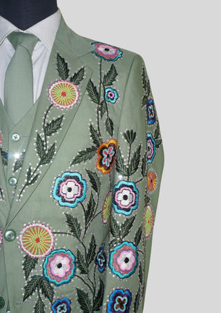 Palm Green Floral Embroidered 3 Piece Men’s Suit Country Western Style with Matching Waistcoat & Tie Western Groom Attire