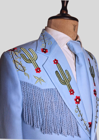 Men’s Powder Blue Country Western Suit – 2 Piece Cowboy Wedding Outfit with Cactus Embroidery & Fringe Detail