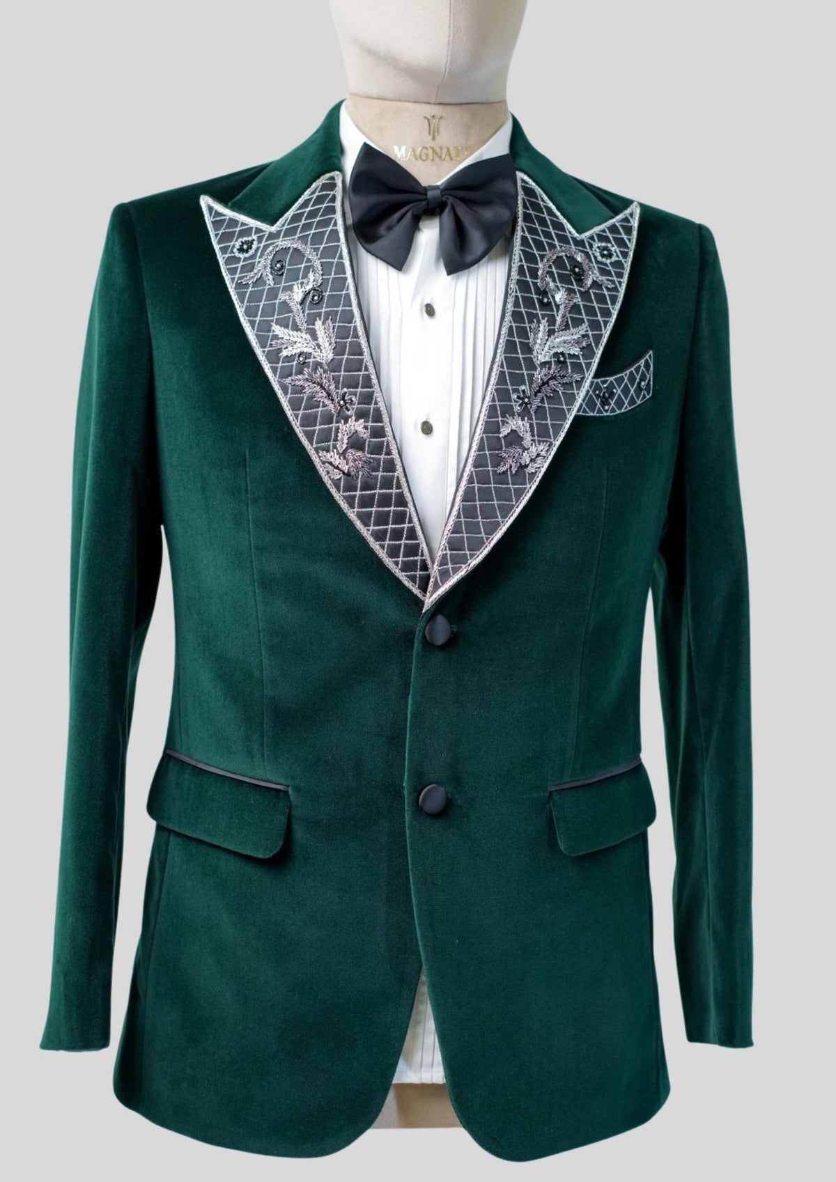 Men’s Emerald Green Embroidered Velvet Blazer with Satin Lapel Cocktail Party Attire