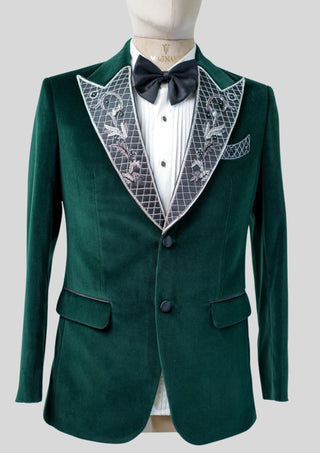 Men’s Emerald Green Embroidered Velvet Blazer with Satin Lapel Cocktail Party Attire