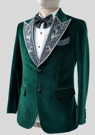 Men’s Emerald Green Embroidered Velvet Blazer with Satin Lapel Cocktail Party Attire