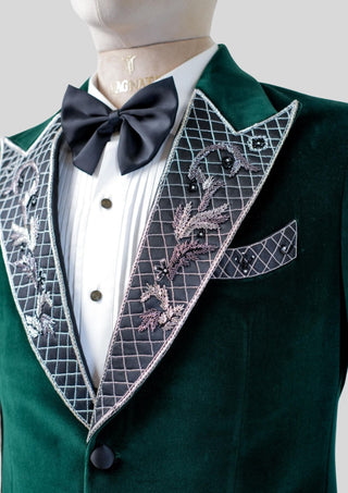 Men’s Emerald Green Embroidered Velvet Blazer with Satin Lapel Cocktail Party Attire