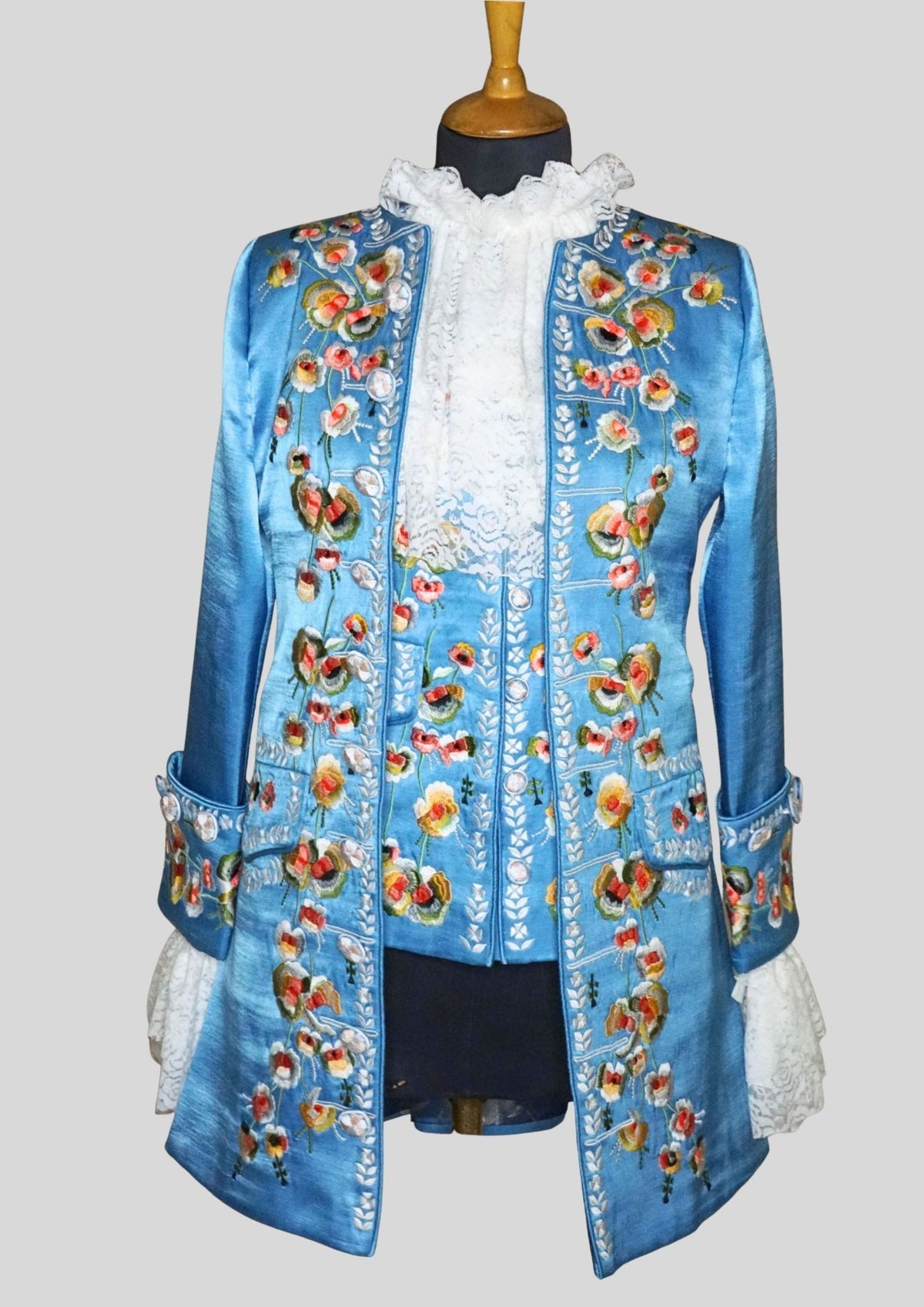Women’s Satin Sky Blue Rococo 3-Piece Embroidered Suit 18th Century Carnival Costume