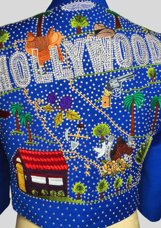 Men’s Blue Cropped Country Western Blazer – Hollywood Embroidered Jacket with Rhinestones, Statement Party Concert Outfit