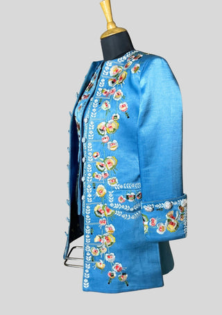 Women’s Satin Sky Blue Rococo 3-Piece Embroidered Suit 18th Century Carnival Costume