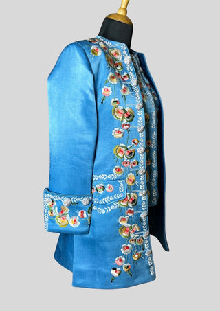 Women’s Satin Sky Blue Rococo 3-Piece Embroidered Suit 18th Century Carnival Costume