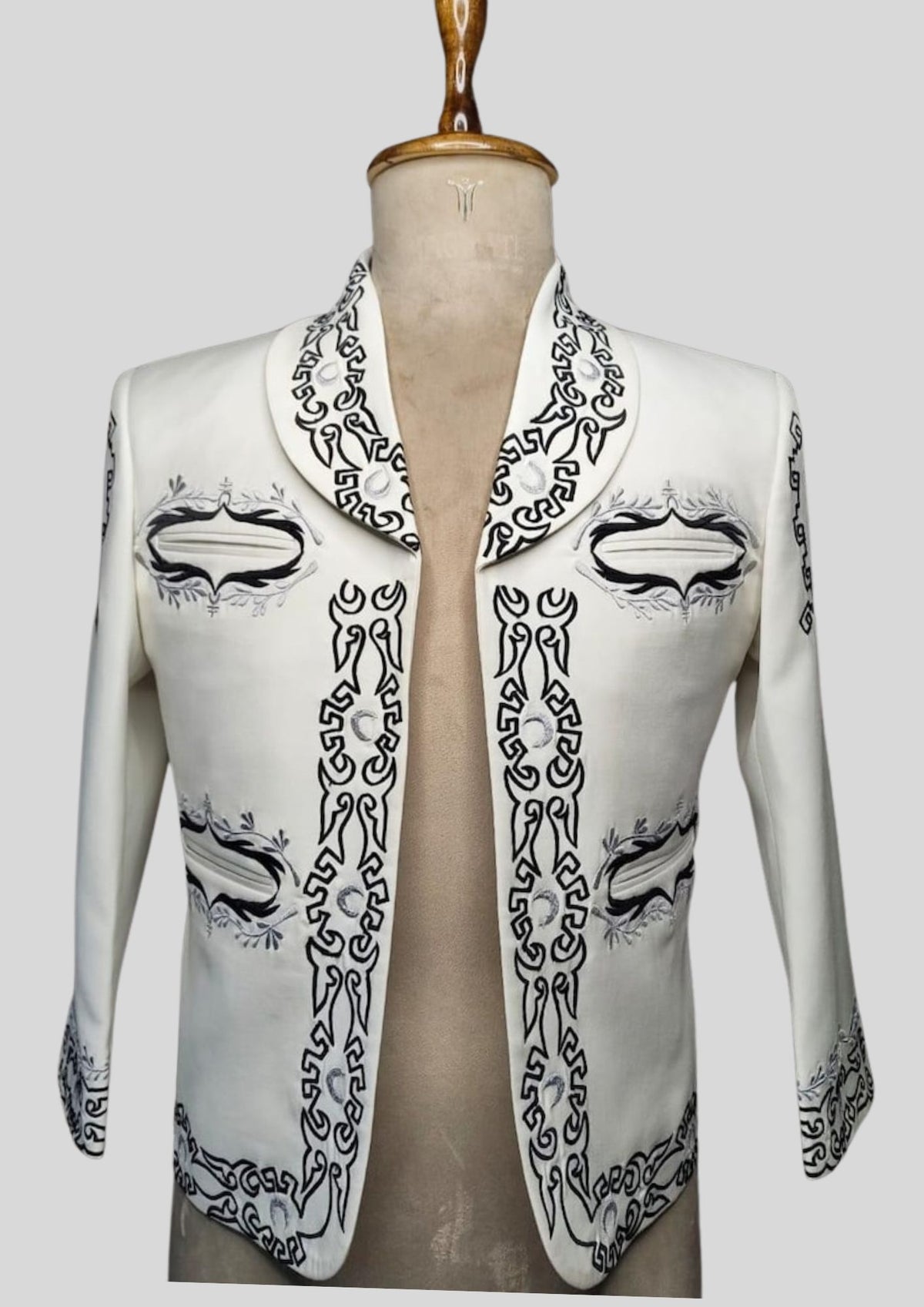 Men's Custom Ivory Mariachi Charro Jacket: Black Embroidered Mexican Wedding Outfit