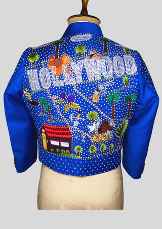 Men’s Blue Cropped Country Western Blazer – Hollywood Embroidered Jacket with Rhinestones, Statement Party Concert Outfit