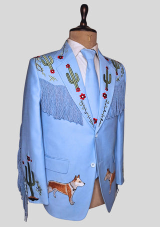 Men’s Powder Blue Country Western Suit – 2 Piece Cowboy Wedding Outfit with Cactus Embroidery & Fringe Detail