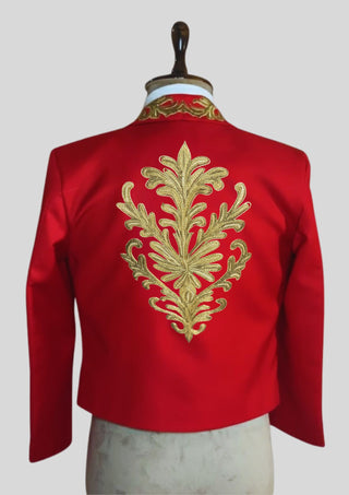 Men Red Mariachi 3-Piece Suit Gold Embroidered Mexican Groom Suit Traditional Charro Wedding Outfits