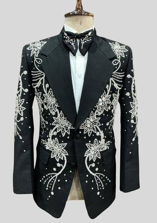 Men’s Black Fully Embellished 2-Piece Suit Wedding Groom Outfit
