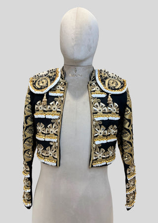 Men’s Luxury Matador Crop Jacket – Black & Gold Fully Embroidered Spanish Torero Bolero Jacket