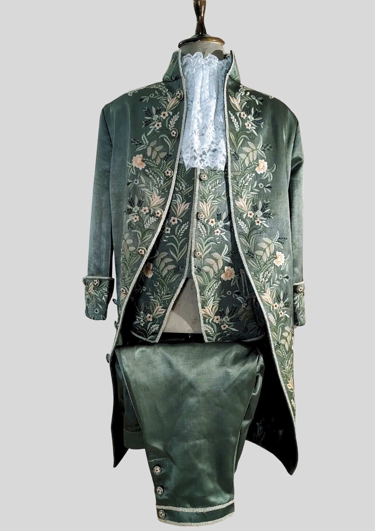 Men’s Green Satin Floral Embroidered Rococo 3 Piece Suit 18th Century Historical Costume
