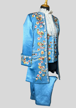 Women’s Satin Sky Blue Rococo 3-Piece Embroidered Suit 18th Century Carnival Costume