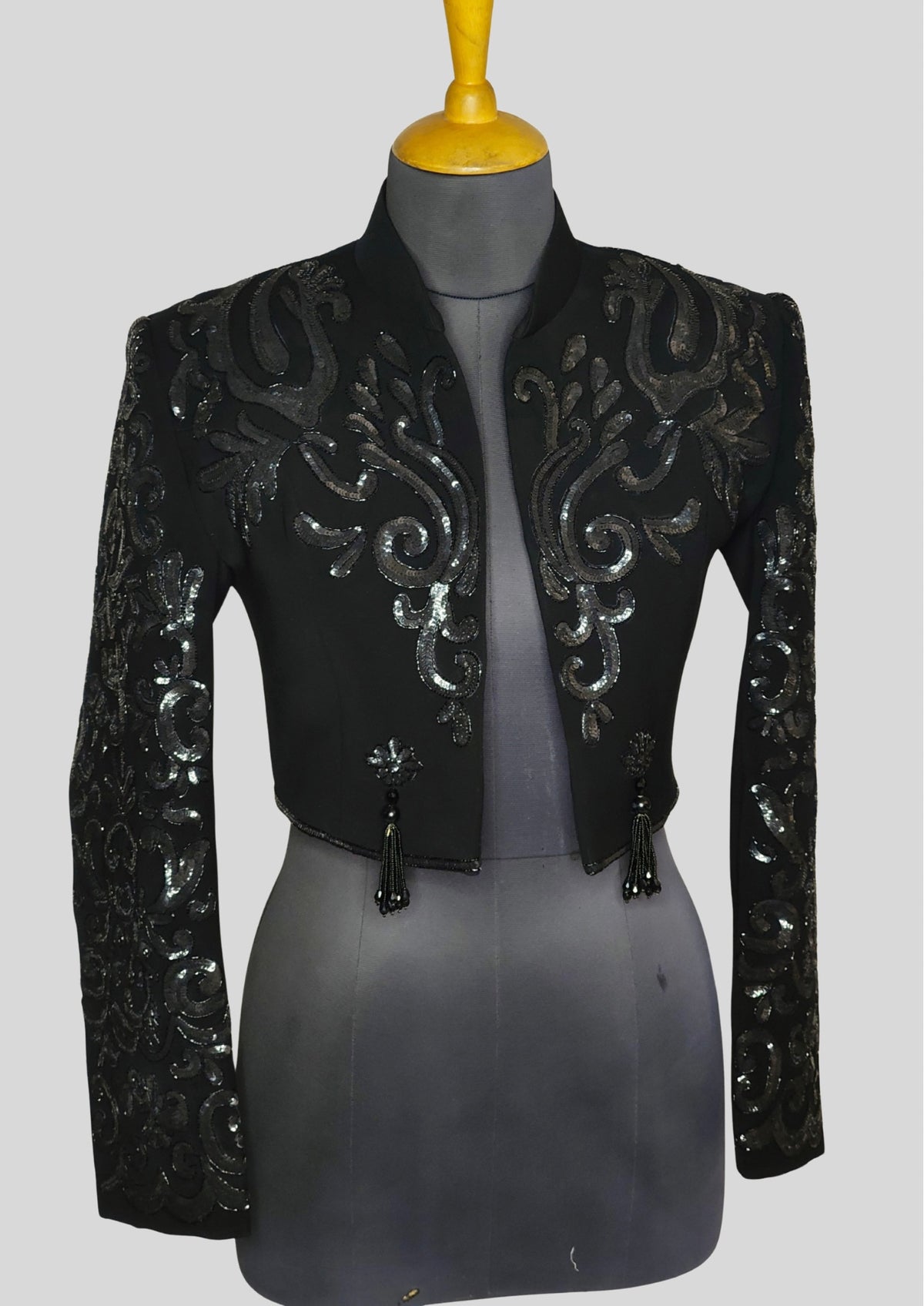 Women Black Matador Crop Jacket – Full Embroidered Spanish Style, Sequin Embellished Statement Piece