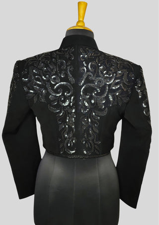 Women Black Matador Crop Jacket – Full Embroidered Spanish Style, Sequin Embellished Statement Piece