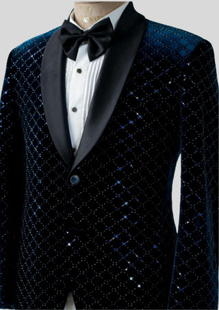 Men’s Customized Blue Velvet Embellished Tuxedo Blazer Single Breasted Wedding Cocktail Jacket