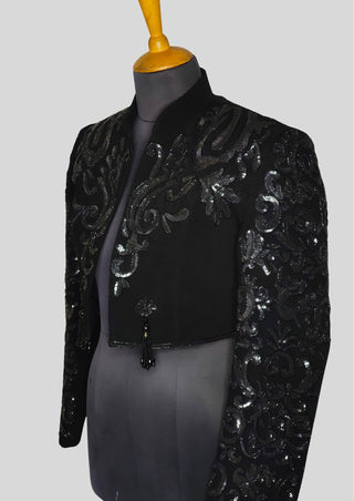 Women Black Matador Crop Jacket – Full Embroidered Spanish Style, Sequin Embellished Statement Piece
