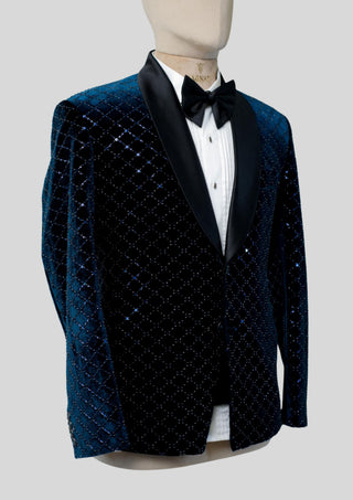 Men’s Customized Blue Velvet Embellished Tuxedo Blazer Single Breasted Wedding Cocktail Jacket