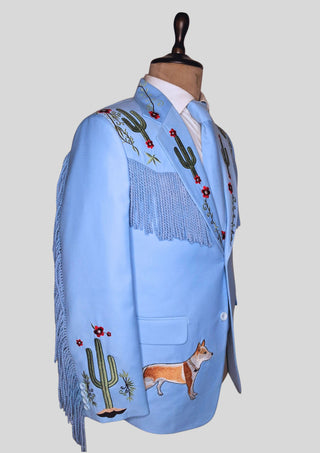 Men’s Powder Blue Country Western Suit – 2 Piece Cowboy Wedding Outfit with Cactus Embroidery & Fringe Detail