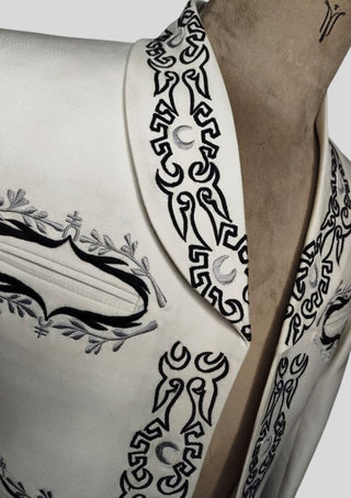Men's Custom Ivory Mariachi Charro Jacket: Black Embroidered Mexican Wedding Outfit