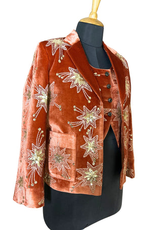 Women’s Luxury Rust Velvet Starry Night Collection – 3-Piece Embroidered Suit Set