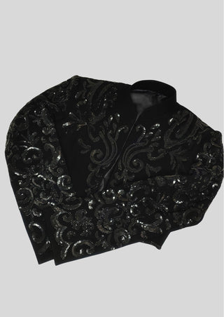 Women Black Matador Crop Jacket – Full Embroidered Spanish Style, Sequin Embellished Statement Piece