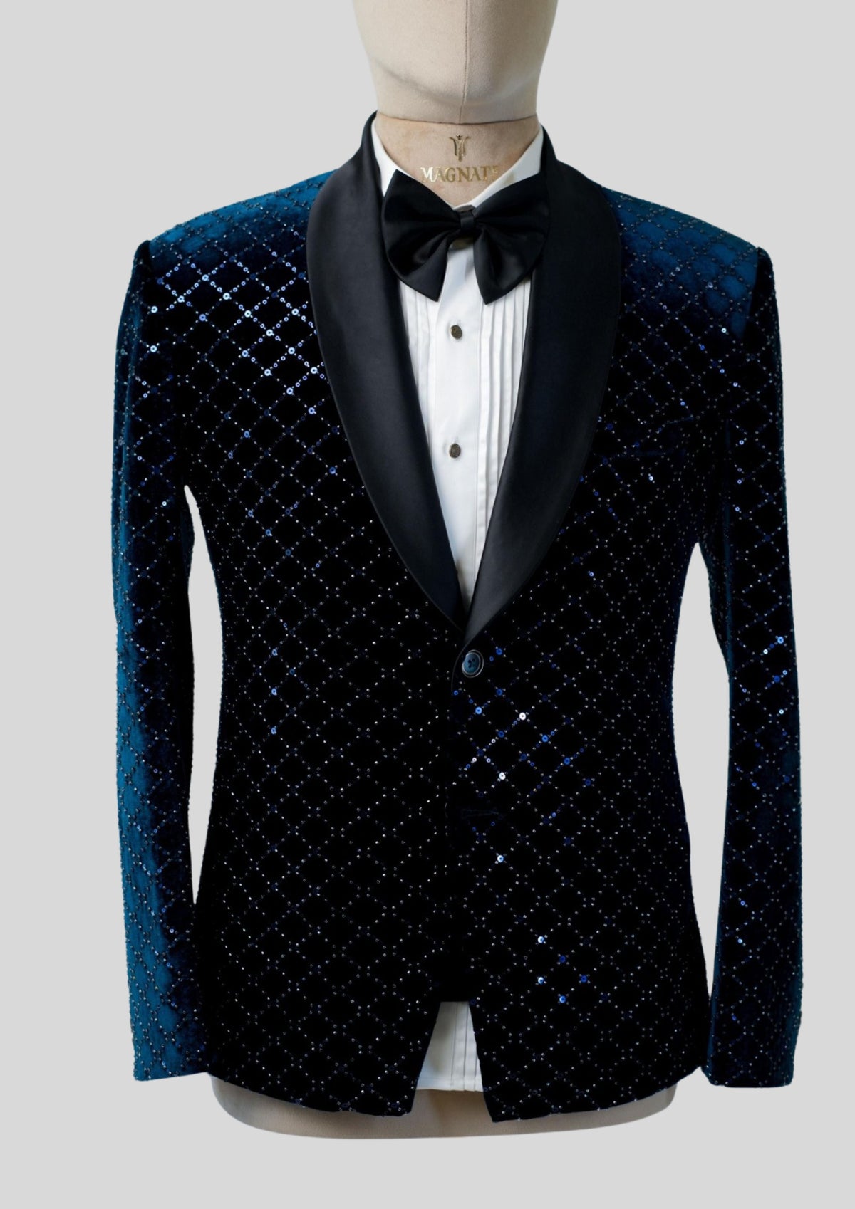 Men’s Customized Blue Velvet Embellished Tuxedo Blazer Single Breasted Wedding Cocktail Jacket