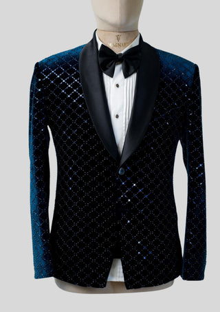 Men’s Customized Blue Velvet Embellished Tuxedo Blazer Single Breasted Wedding Cocktail Jacket
