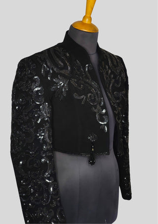 Women Black Matador Crop Jacket – Full Embroidered Spanish Style, Sequin Embellished Statement Piece