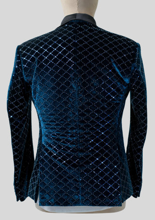 Men’s Customized Blue Velvet Embellished Tuxedo Blazer Single Breasted Wedding Cocktail Jacket