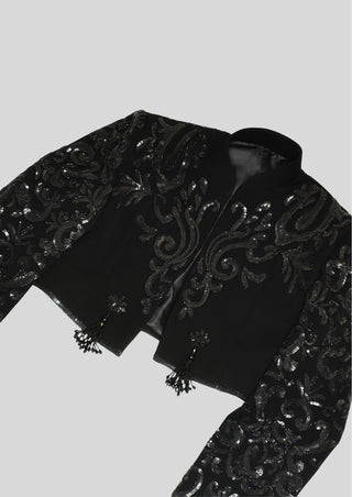 Women Black Matador Crop Jacket – Full Embroidered Spanish Style, Sequin Embellished Statement Piece