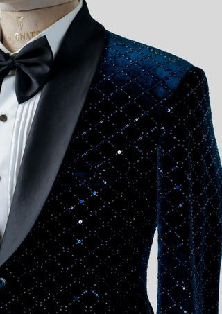 Men’s Customized Blue Velvet Embellished Tuxedo Blazer Single Breasted Wedding Cocktail Jacket
