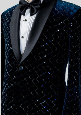Men’s Customized Blue Velvet Embellished Tuxedo Blazer Single Breasted Wedding Cocktail Jacket