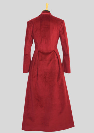Tailored Fit Women’s Maroon Velvet Long Coat Dress with Satin Piping Dinner Party Outfit