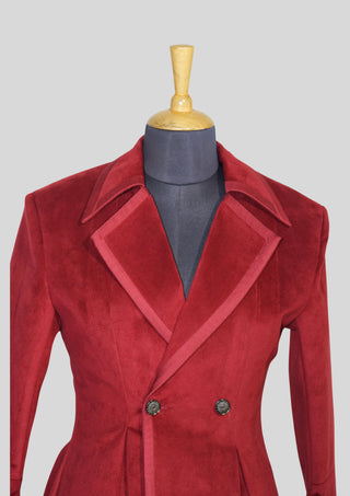Tailored Fit Women’s Maroon Velvet Long Coat Dress with Satin Piping Dinner Party Outfit