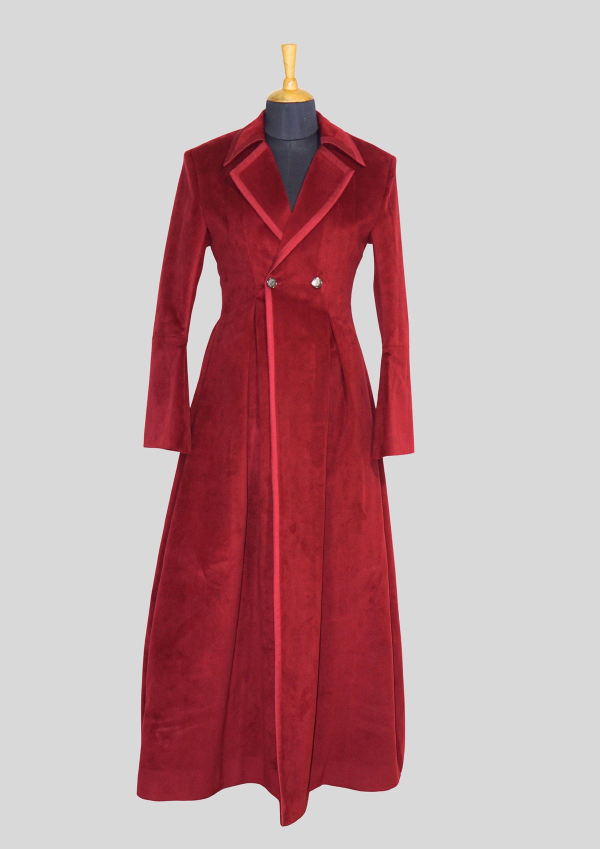 Tailored Fit Women’s Maroon Velvet Long Coat Dress with Satin Piping Dinner Party Outfit